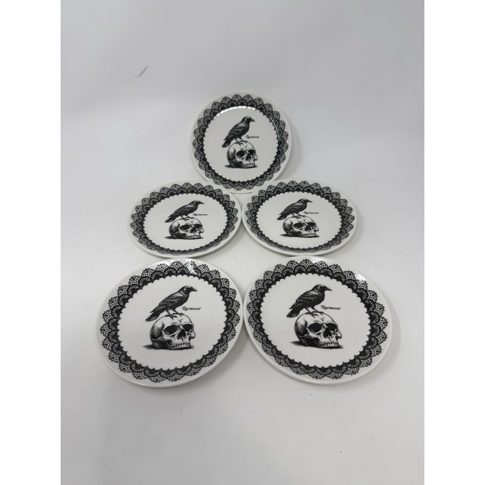 Set of 5 Strawberry Street Ravenous Crow & Skull Design 6" Dessert Plates New